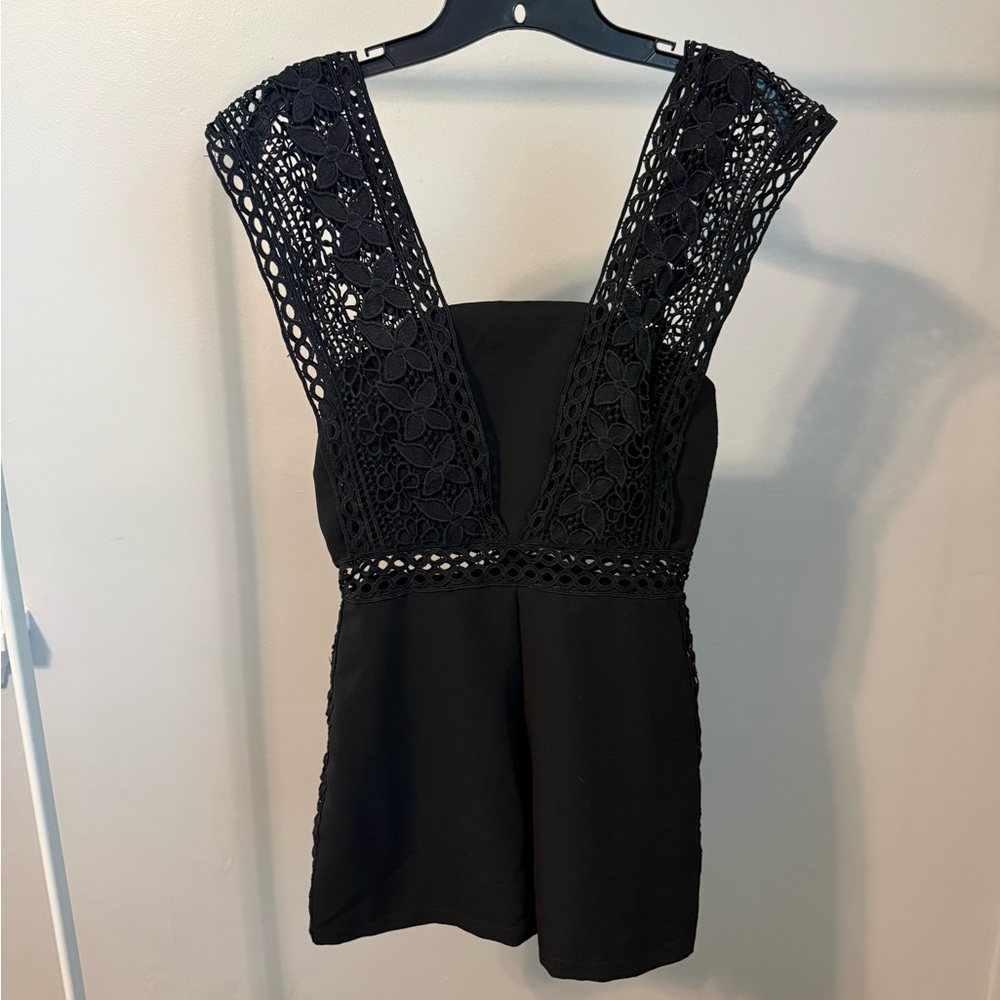 Black Crochet V-Neck Romper, size small